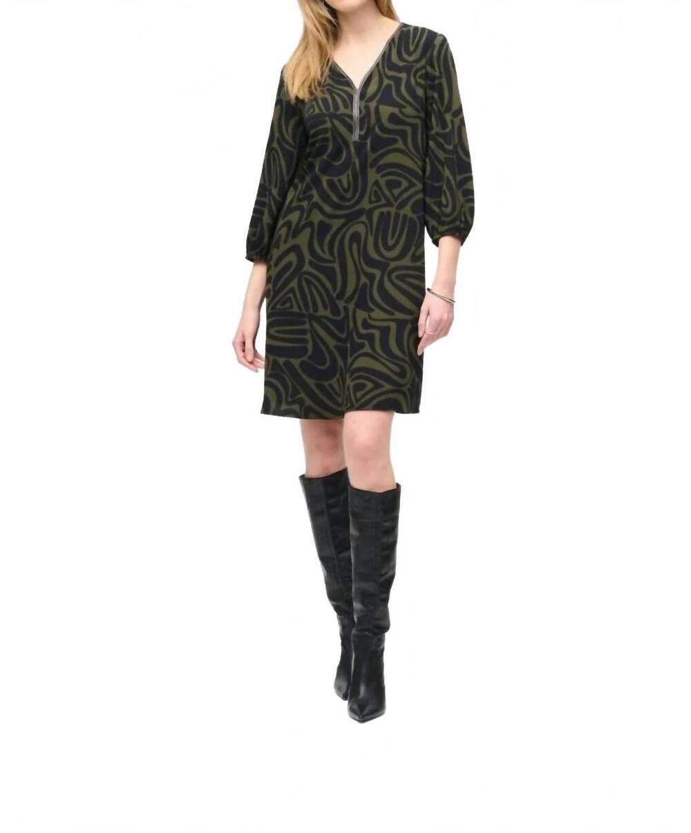 NEW JOSEPH RIBKOFF abstract print puff sleeve shift dress in black/green